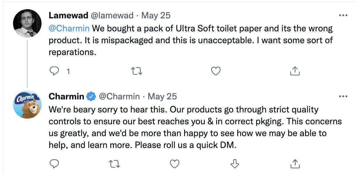 Charmi Twitter response to an irate customer
