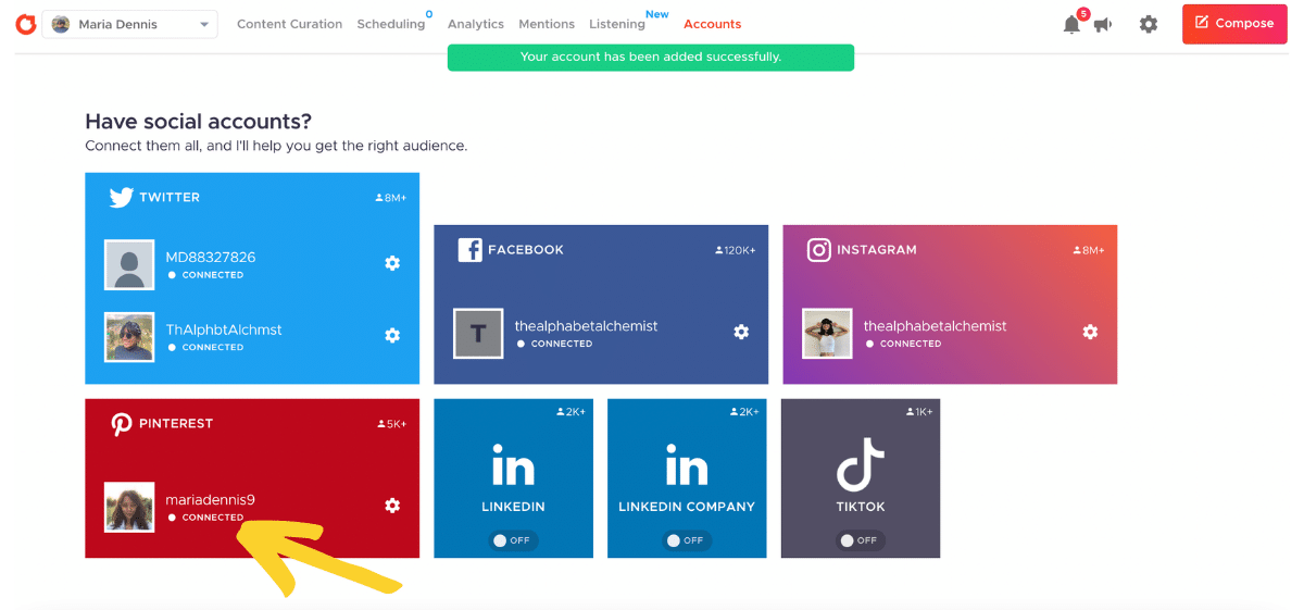 visual of connection pinterest account to crowdfire 4