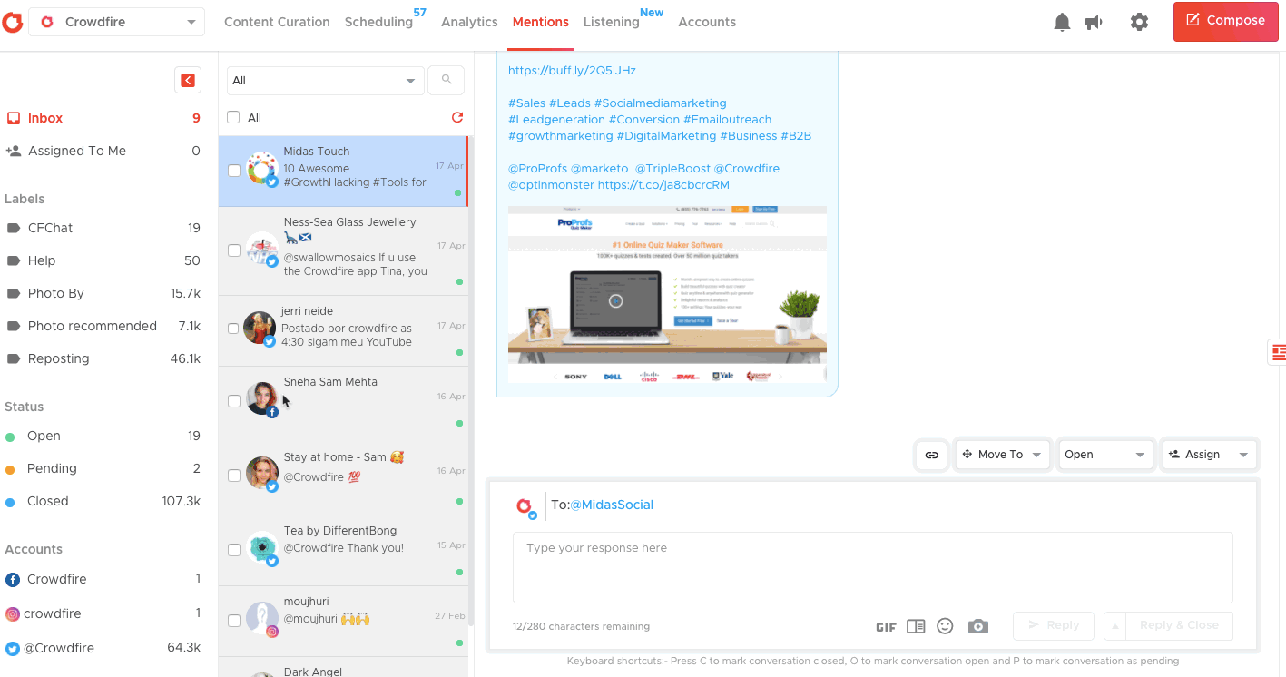 Crowdfire’s Mentions feature works like an inbox that tracks all mentions of your brand across platforms and allows you to reply to them instantly.