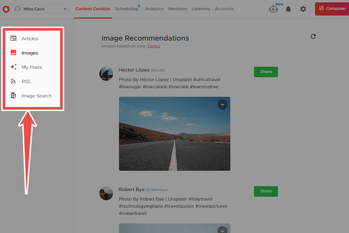 Crowdfire’s content curation toolset includes Articles, Images, “My posts”, RSS feeds, and stock image search to help you quickly find and reuse relevant content.