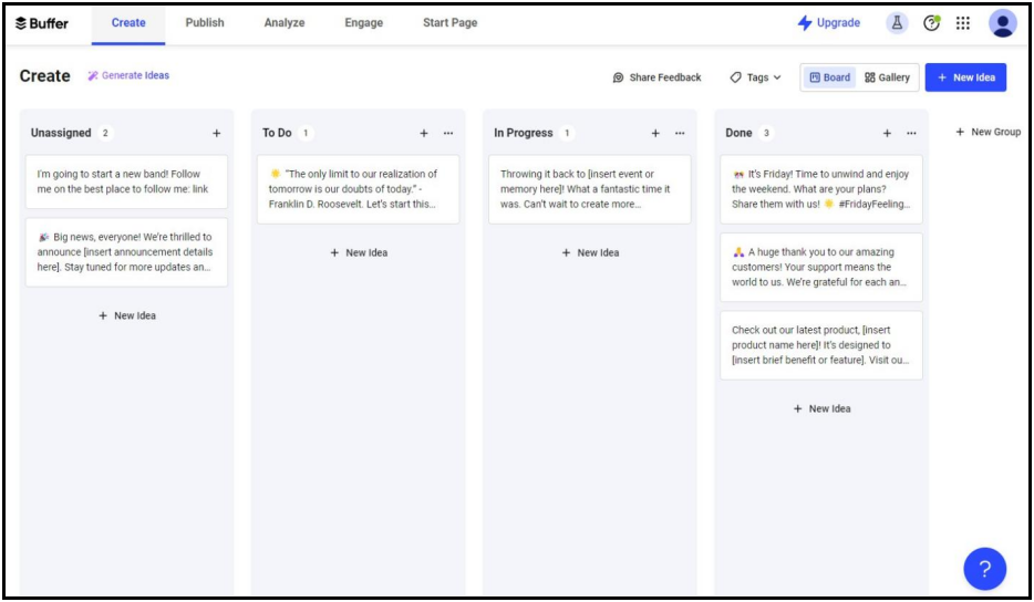 Buffer has a clean and simple interface, showing the main dashboard with connected accounts and recent posts